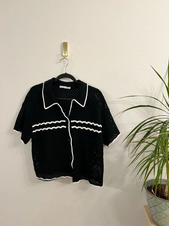 Abercrombie Knit Polo Cardigan XL Black White Cropped Open Knit - Picture 3 of 4